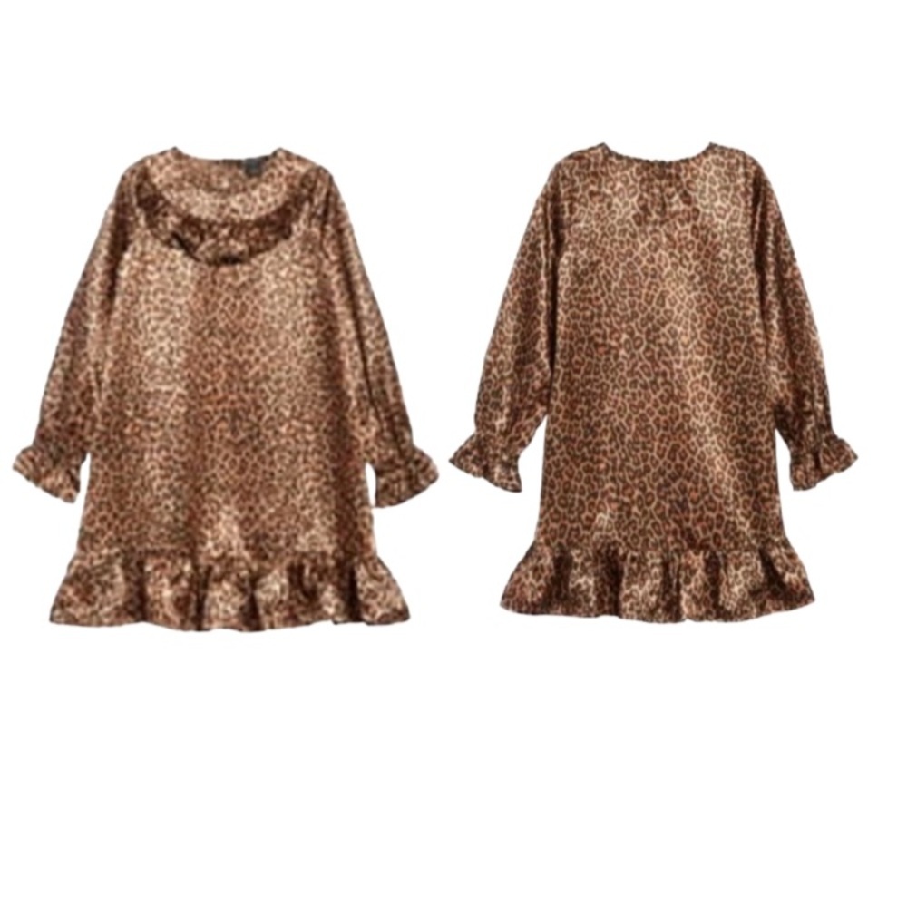 Nordstrom Leopard Print Dress Girls 8 Brown Ruffles Long Sleeve Back Keyhole NWT